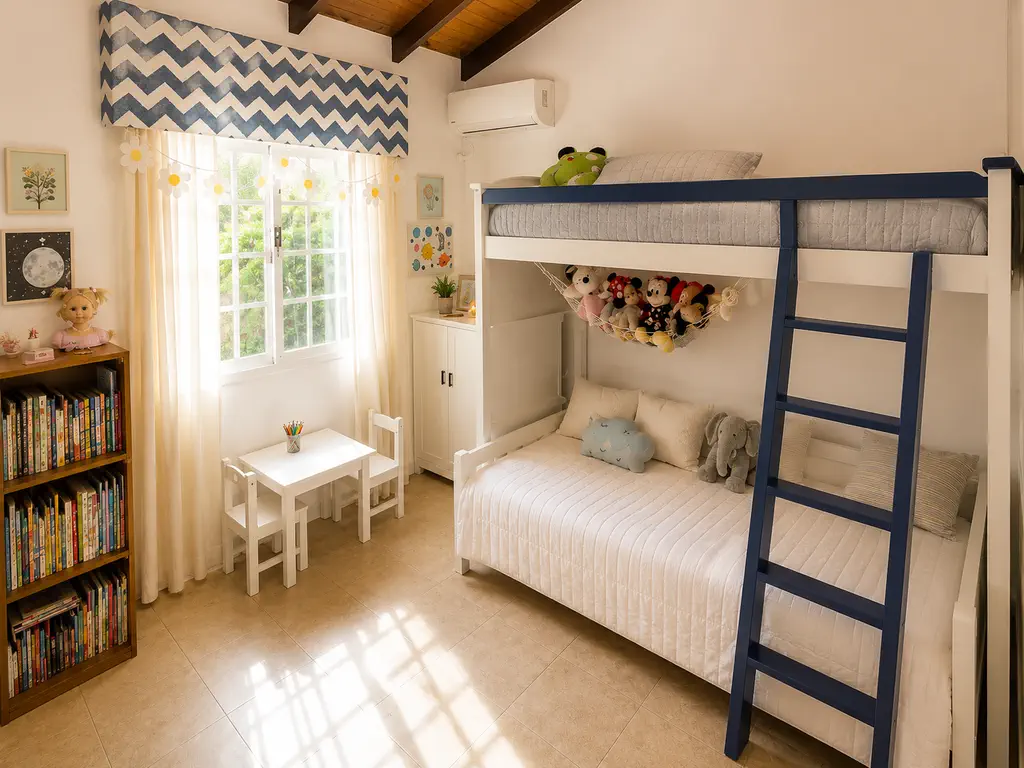 Dormitorio secundario con ventana, cucheta, biblioteca y techo de madera