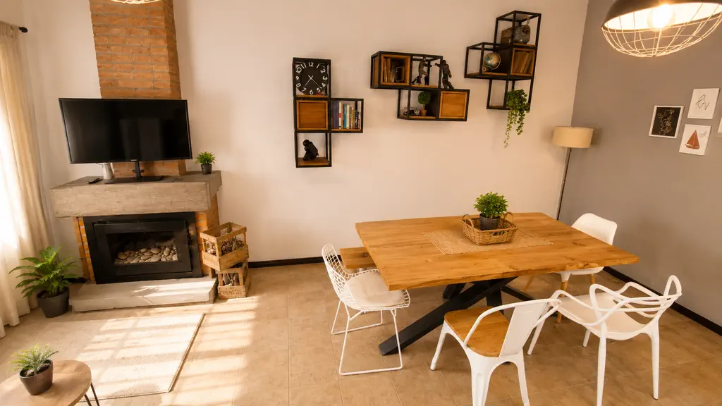 Living comedor con hogar revestido en ladrillo visto, mesa de madera y estantes de hierro negro y madera